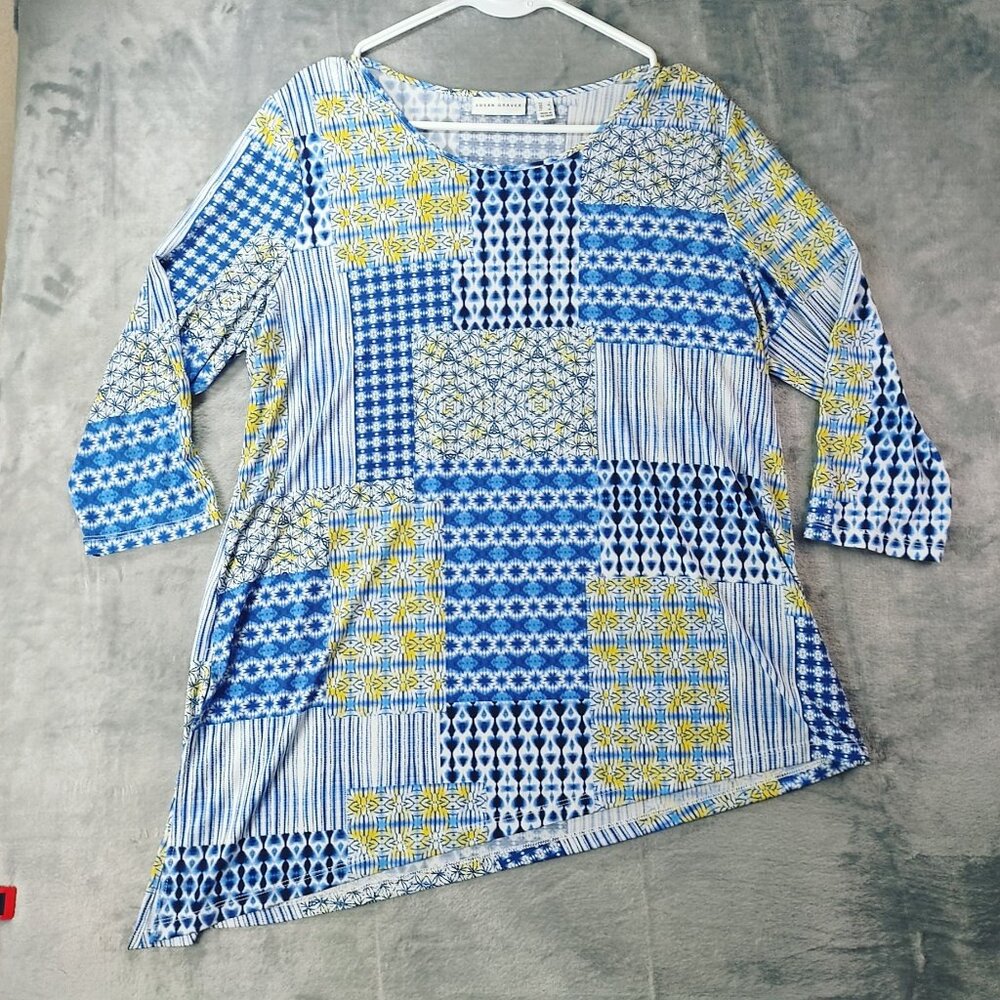 Susan Graver Womens L Asymmetrical Tunic Top Blue Yellow‎ Patchwork Geometric